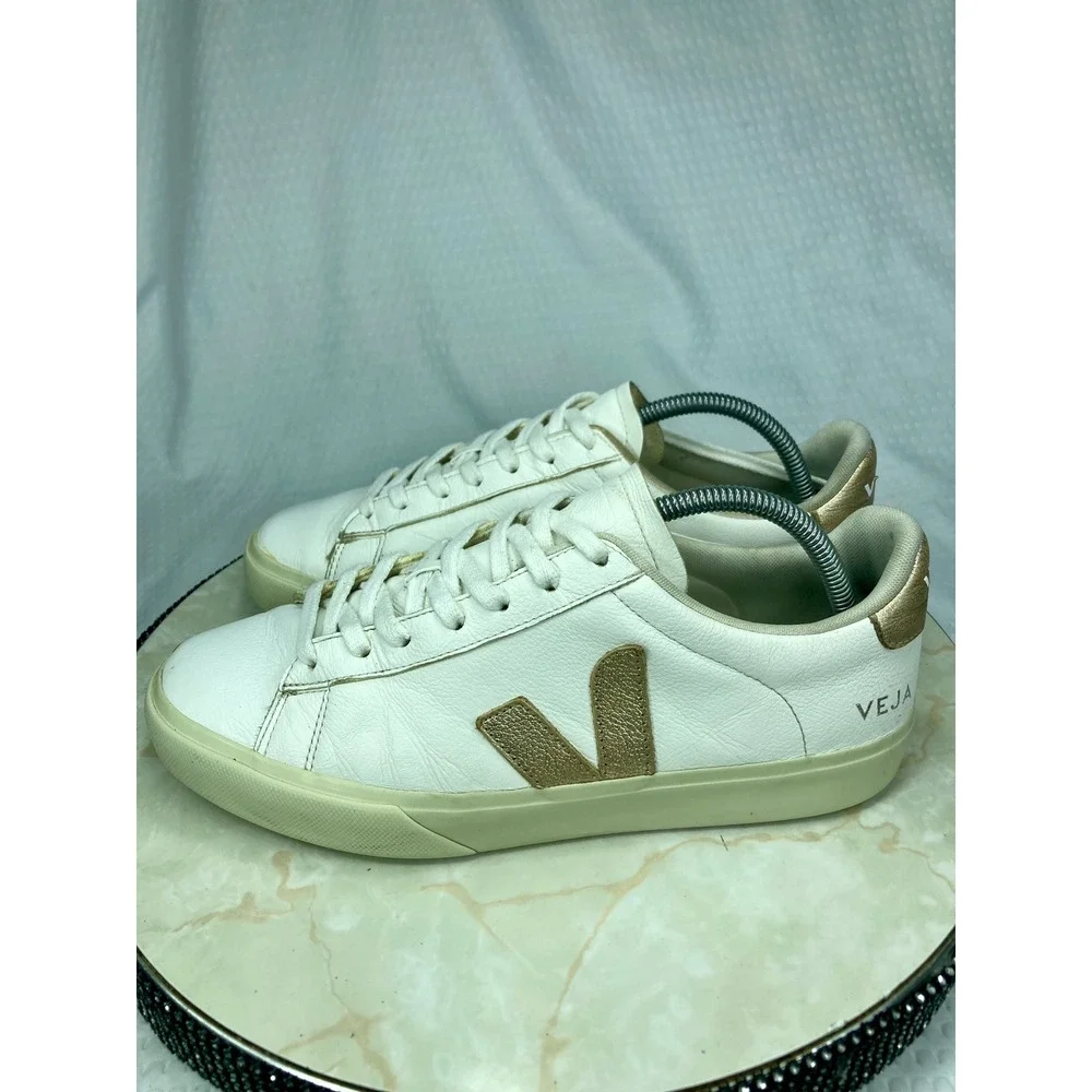 Veja Esplar Metallic Leather Shoes Women 9.5 Gold White Low Top Lace Up Sneakers